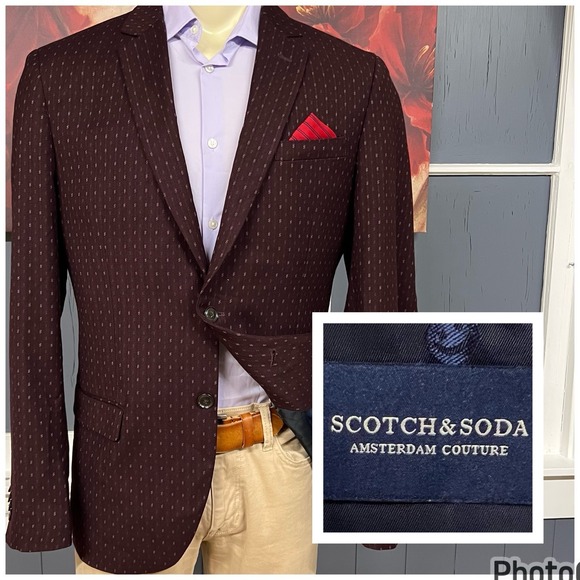 Scotch & Soda Burgundy Blazer Mens Sz XL (44R) Slim Fit Polyester Blend Stretch